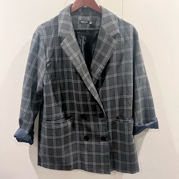 Double Breasted Plaid Oversized Plaid Jacket // GREY with BLUE detail - Picture 1 of 2